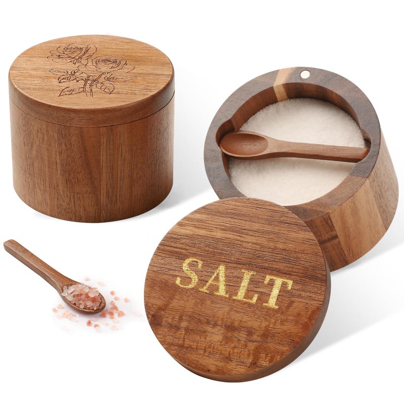 Timtopno Salt Cellar, 2PCS Salt Container Acacia Wood Salt and Pepper Box for Countertop with Built-in Spoon & Swivel Lid, Wood Salt Holder Bowl for Kitchen, Seasoning Storage (Rose & SALT Engraving) - Image 1