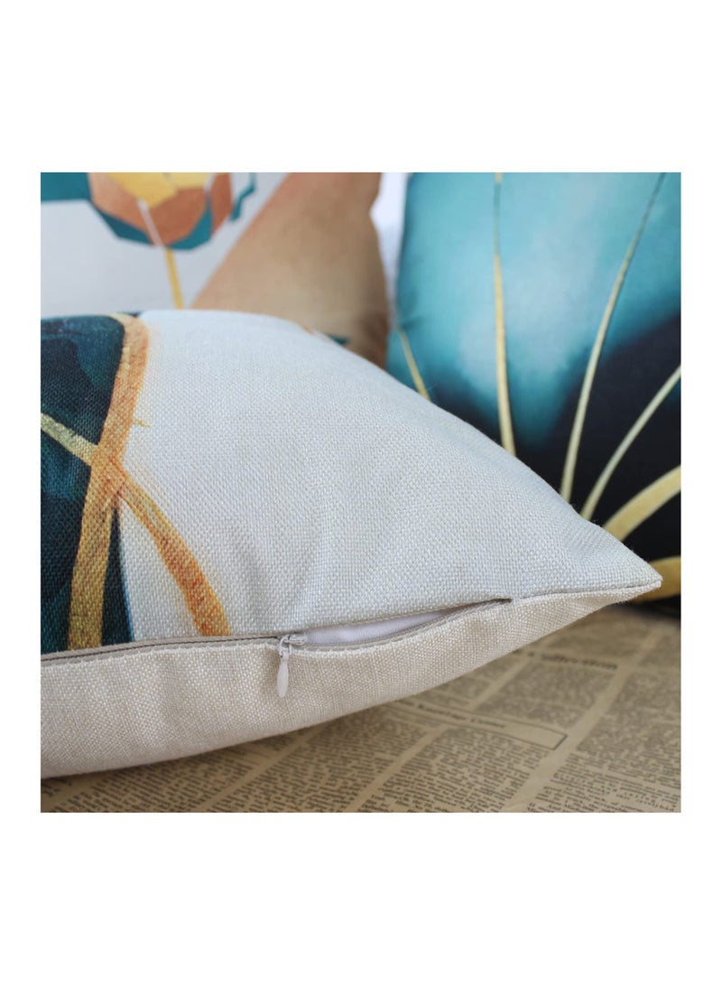 Set of 4 Linen Leaves Decorative Pillow Covers, 18x18 Inch Gold Teal Farmhouse Cushion Cases - Modern Living Room and Outdoor Garden Decor - Image 2