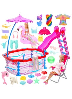 Doll Pool Playset Clothes And Accessories Includes Pool Party Set With Slide And Umbrella, 4 Set Swimsuit, Mermaid Tail, 3 Slipper, Pool Float, Beach Chair Swimming Pool Toys For 11.5 Inch Dolls