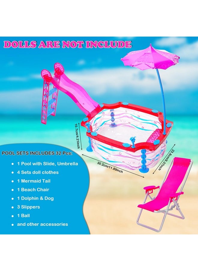 Barwa - Doll Pool Playset Clothes And Accessories Includes Pool Party Set With Slide And Umbrella, 4 Set Swimsuit, Mermaid Tail, 3 Slipper, Pool Float, Beach Chair Swimming Pool Toys For 11.5 Inch Dolls - Image 1