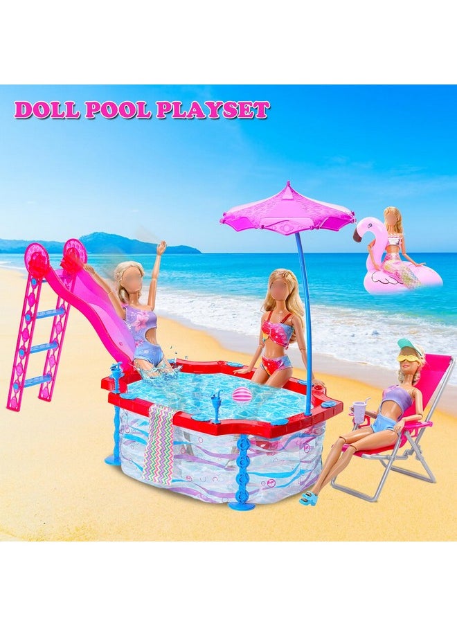 Barwa - Doll Pool Playset Clothes And Accessories Includes Pool Party Set With Slide And Umbrella, 4 Set Swimsuit, Mermaid Tail, 3 Slipper, Pool Float, Beach Chair Swimming Pool Toys For 11.5 Inch Dolls - Image 1