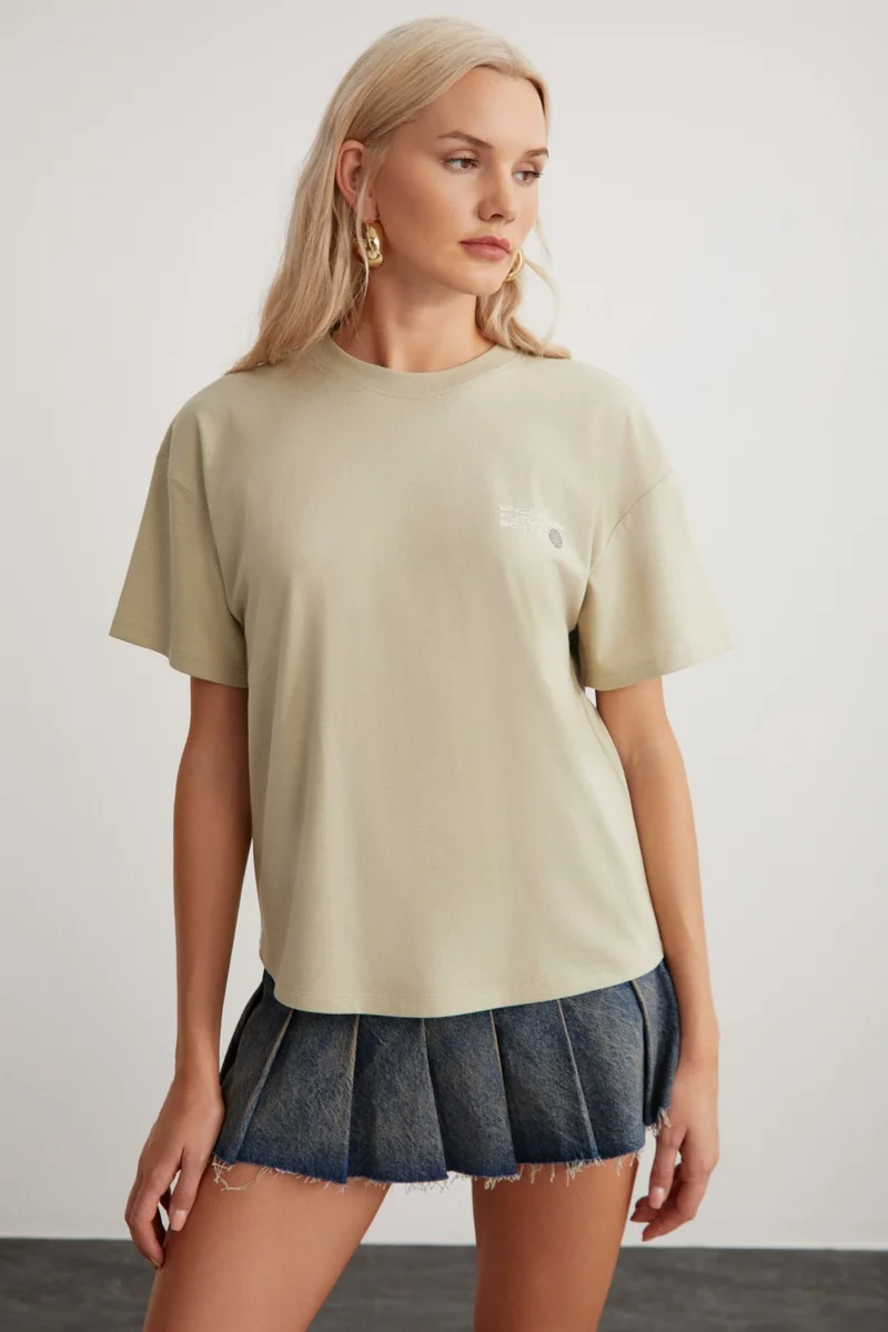 GRIMELANGE Cherish Women's Cotton Crew Neck Short Sleeve Printed Light Khaki T-Shirt