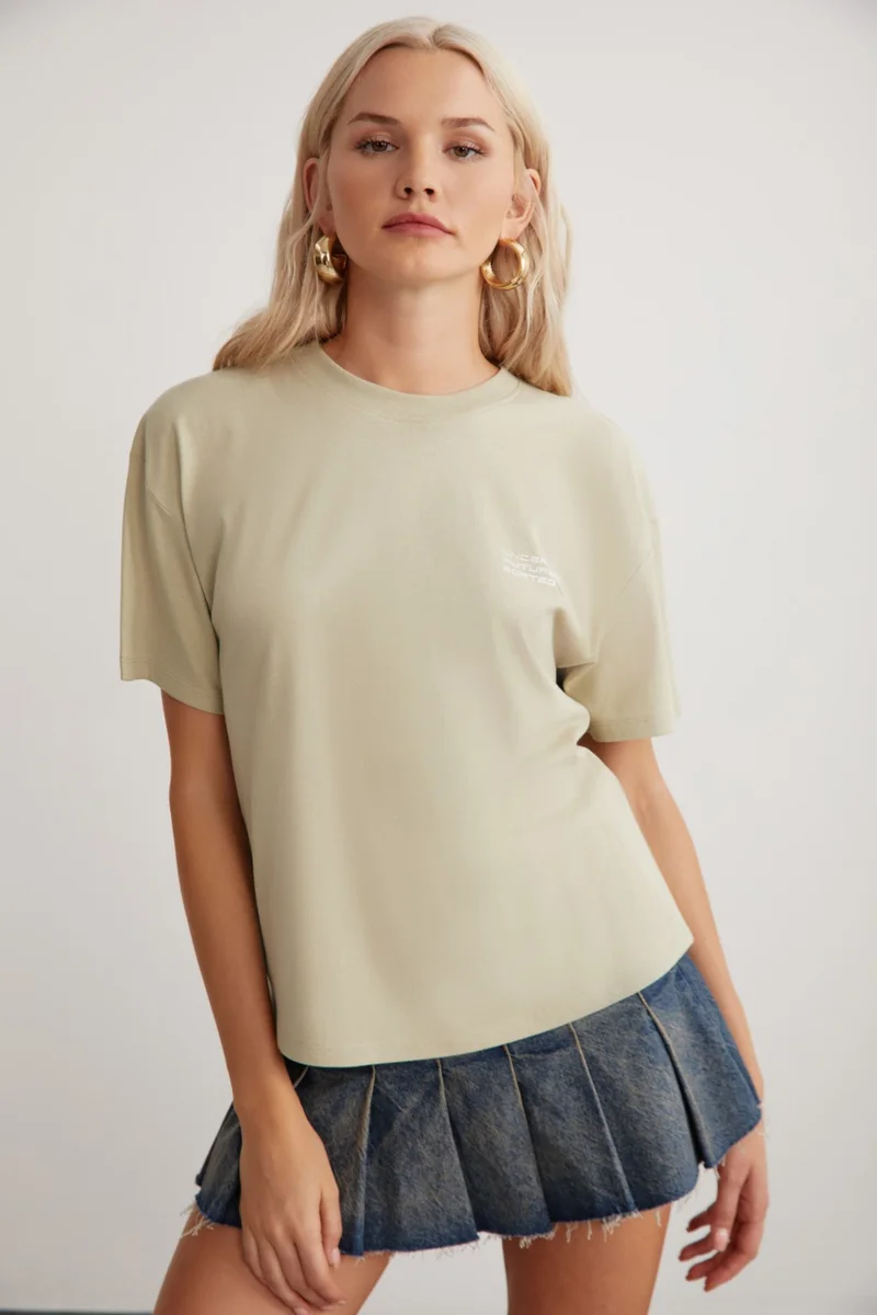 GRIMELANGE Cherish Women's Cotton Crew Neck Short Sleeve Printed Light Khaki T-Shirt