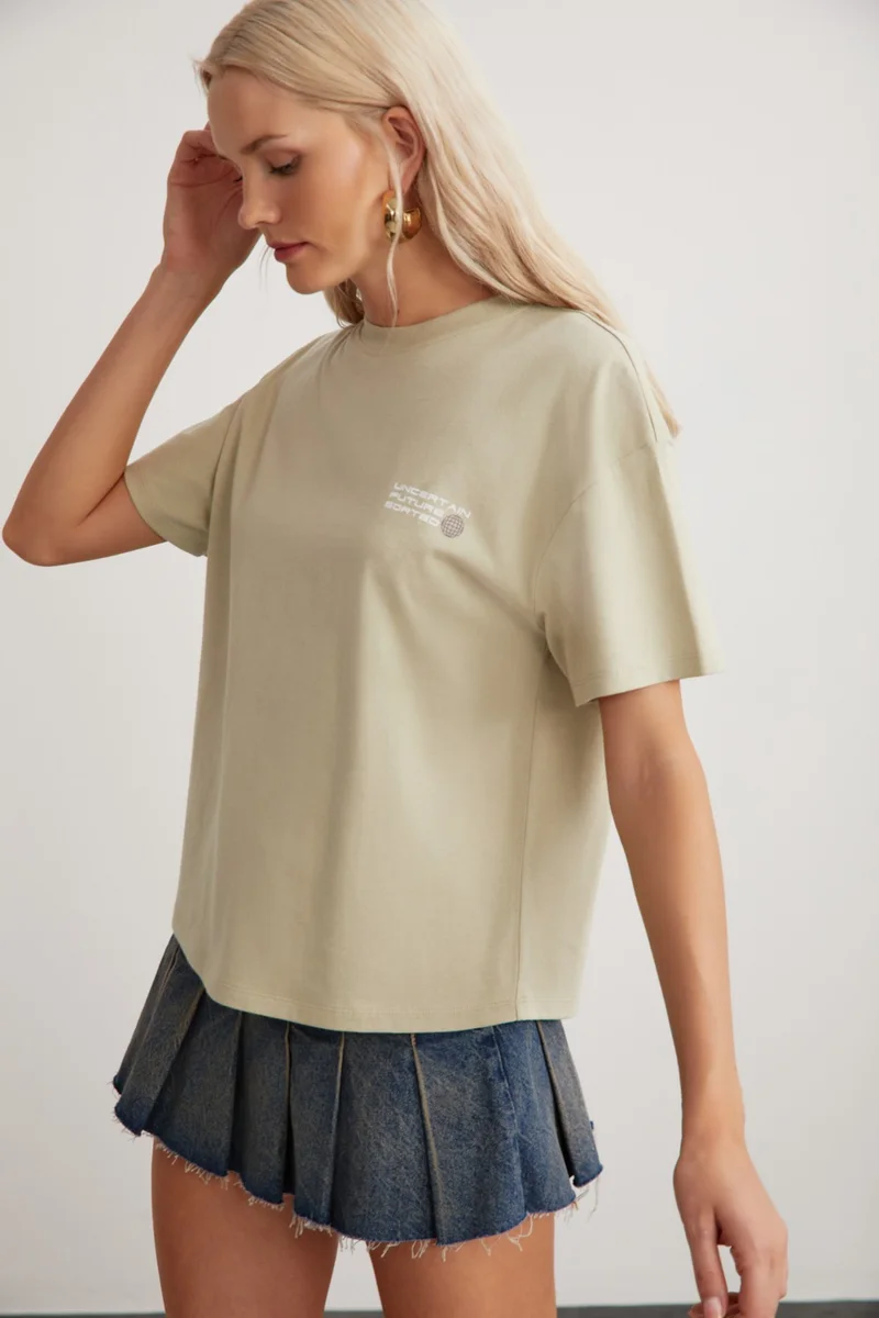 GRIMELANGE Cherish Women's Cotton Crew Neck Short Sleeve Printed Light Khaki T-Shirt