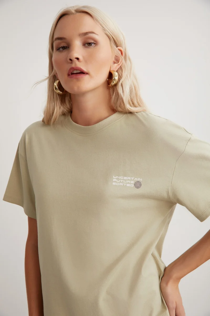 GRIMELANGE Cherish Women's Cotton Crew Neck Short Sleeve Printed Light Khaki T-Shirt