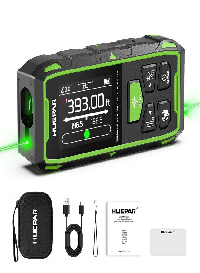 Huepar Dual Laser Measuring Tool, 393Ft Green-Beam Bilateral Digital Laser Distance Measure 6 Units Ft/in/M, Rechargeable Laser Measurement Tool -Backlit LCD Display, Length/Area/Volume/Angle Sensor - Image 1