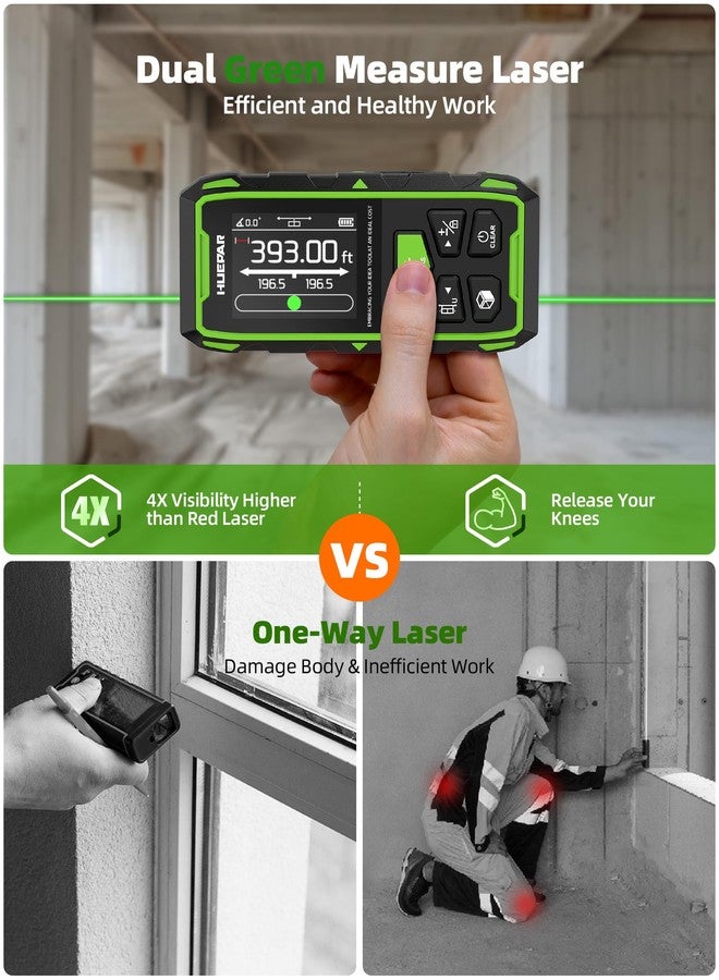 Huepar Dual Laser Measuring Tool, 393Ft Green-Beam Bilateral Digital Laser Distance Measure 6 Units Ft/in/M, Rechargeable Laser Measurement Tool -Backlit LCD Display, Length/Area/Volume/Angle Sensor - Image 2