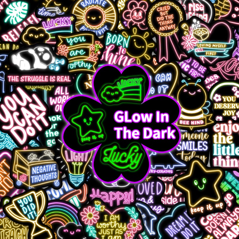 Robmoda 50 Pcs Glow in The Dark Neon Inspirational Quotes Kids Stickers for Water Bottle, Cute Waterproof Vinyl Positive Motivational Phrases Laptop Decals, Boys Girls Skateboard Phone Case Decorations - Image 1