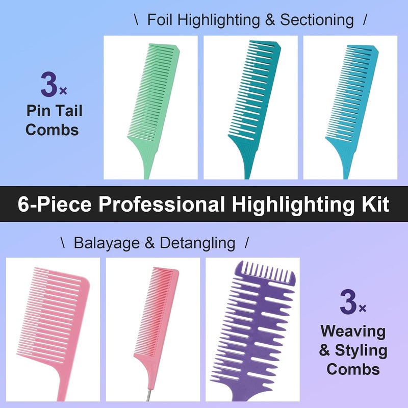 SIMPOR Highlight Comb Set, 6 Piece Set, Weaving, Sectioning, Styling, and Hair Dyeing Combs - Image 2