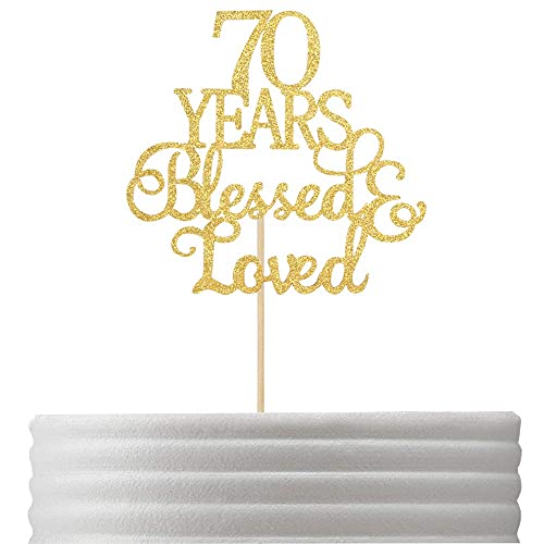 Festiko®Gold Glitter 70 Years Blessed & Loved Cake Topper, 70th Birthday,Anniversary Marriage Party Decoration Supplies - Image 4