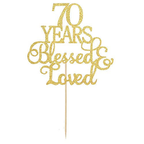 Festiko®Gold Glitter 70 Years Blessed & Loved Cake Topper, 70th Birthday,Anniversary Marriage Party Decoration Supplies - Image 1