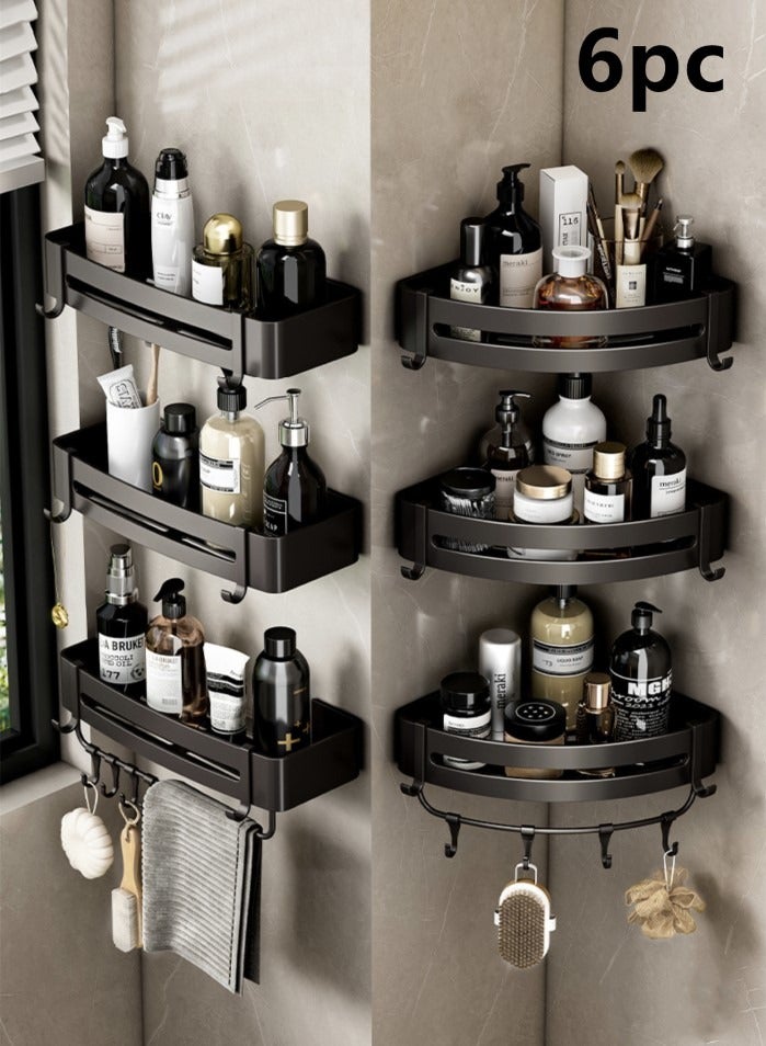 Kutis 6-Piece Bathroom Rack Shower Shampoo Organizer Wall Mounted Storage Rack And Hooks And Towel Rack Black - Image 1