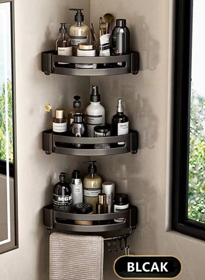 Kutis 6-Piece Bathroom Rack Shower Shampoo Organizer Wall Mounted Storage Rack And Hooks And Towel Rack Black - Image 3