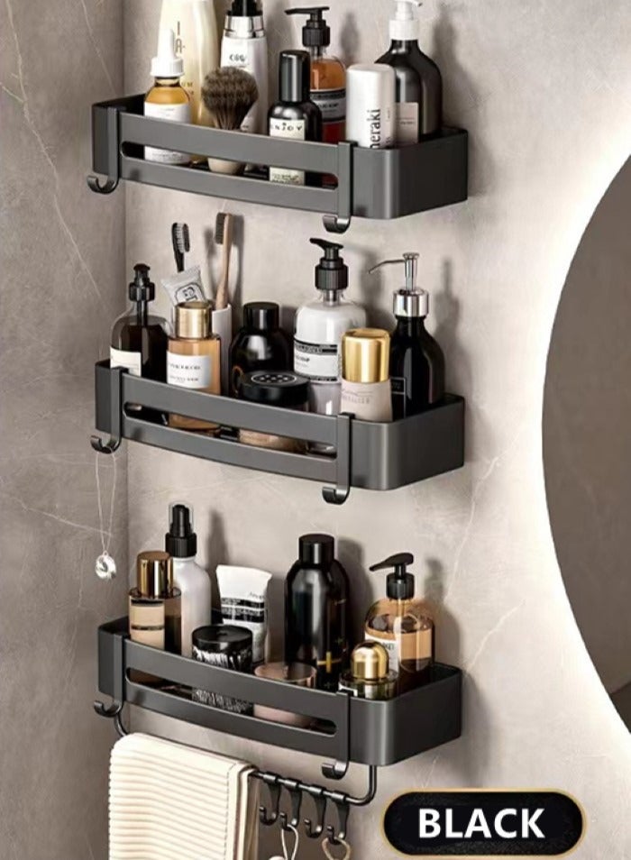 Kutis 6-Piece Bathroom Rack Shower Shampoo Organizer Wall Mounted Storage Rack And Hooks And Towel Rack Black - Image 2
