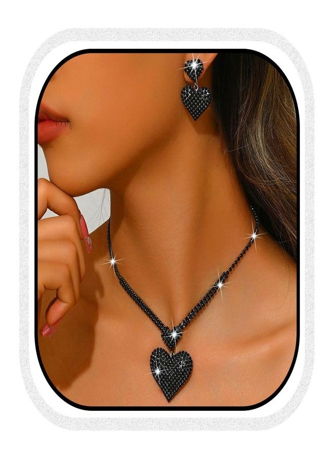 Unicra Crystal Heart Bridal Wedding Jewelry Set Black Rhinestone Necklace Earrings Sets Formal Costume Jewelry for Women and Brides - Image 1