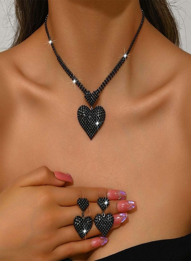Unicra Crystal Heart Bridal Wedding Jewelry Set Black Rhinestone Necklace Earrings Sets Formal Costume Jewelry for Women and Brides - Image 4