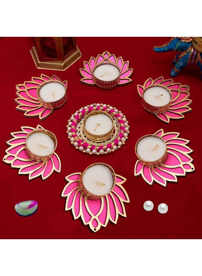 GIFT JAIPUR GIFT JAIPUR Handmade 7 Pc Pink Lotus Chudi Diya Rangoli Candles With Wax For Diwali Ganesh Chaturthi Laxmi Pooja Home Temple Rangoli Diya Floor Decoration, Woody  - Image 1