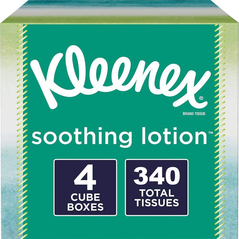 Kleenex Soothing Lotion Tissues with Aloe Coconut Oil and Vitamin E 4 cube boxes 1 Cube Box containe 85 Tissues Total of 340 Tissues Assortment Colors