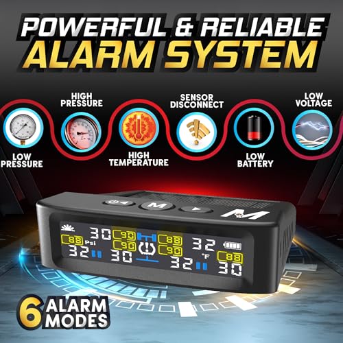 Marcala 2026 V20 Trailer Tire Pressure Monitoring System Set of 6 32Foot Extended Range RV TPMS 0144 PSI for RVCamperTowing Solar Charge 6Alarm Trailer TPMS Prevent Flats be Safer - Image 3