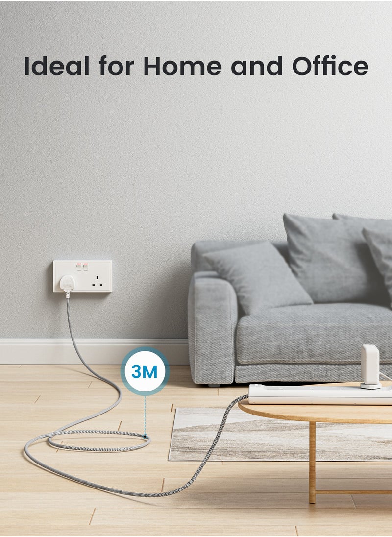 Lencent - Power Strips Extension Cord 3 Outlets Power Socket with 3 USB-A & 1 USB-C Ports, Electrical Connections with 3M Braided Extension Cord for Home Office, 3250W 13A - Image 1
