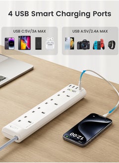 لينسينت شرائح الطاقة سلك تمديد 3 منافذ مقبس طاقة مع 3 منافذ USB-A و1 USB-C، توصيلات كهربائية مع سلك تمديد مجدول 3M للمكتب المنزلي، 3250 وات 13 أمبير  - Image 2