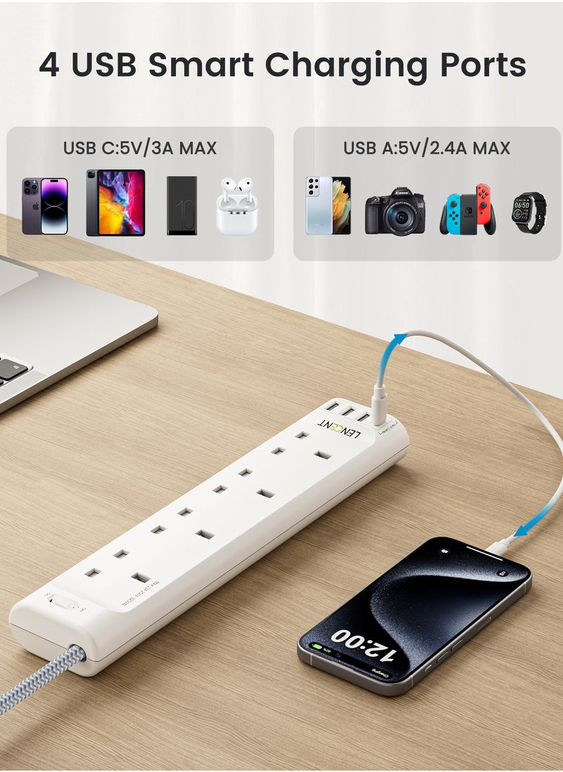 Lencent - Power Strips Extension Cord 3 Outlets Power Socket with 3 USB-A & 1 USB-C Ports, Electrical Connections with 3M Braided Extension Cord for Home Office, 3250W 13A - Image 1