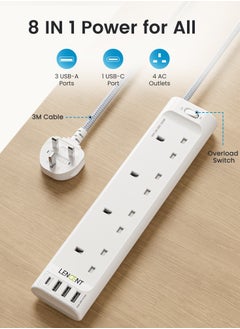 لينسينت شرائح الطاقة سلك تمديد 3 منافذ مقبس طاقة مع 3 منافذ USB-A و1 USB-C، توصيلات كهربائية مع سلك تمديد مجدول 3M للمكتب المنزلي، 3250 وات 13 أمبير  - Image 1