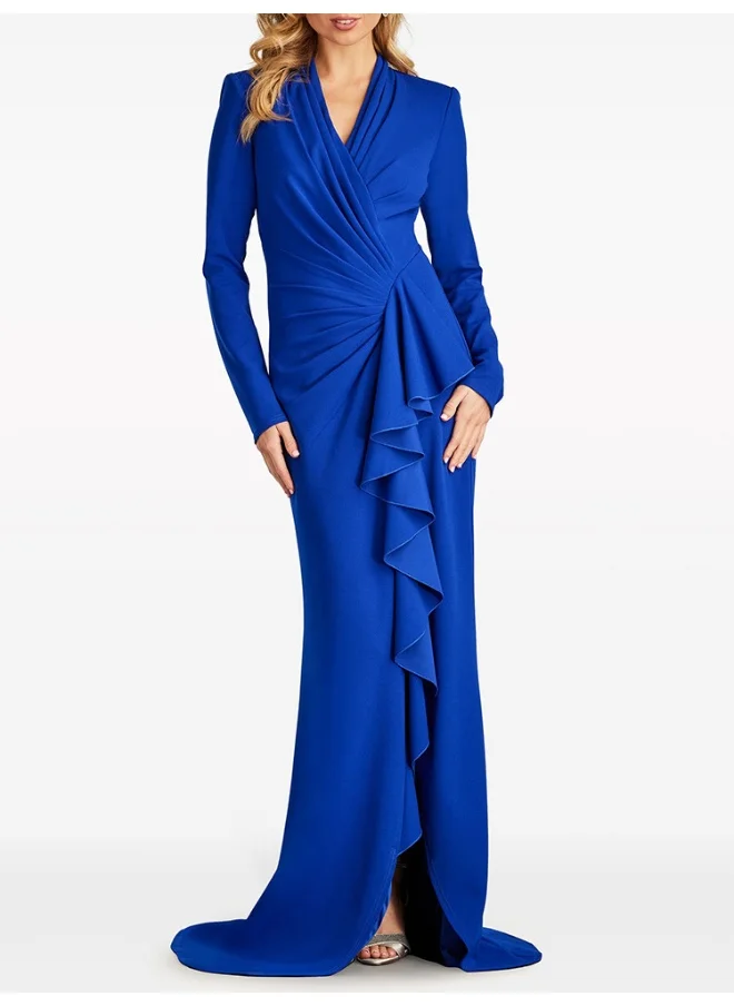 Madam Uniq Designer Fashion Long Dress V-Neck Pleated Ruffled Hem Maxi Gown
