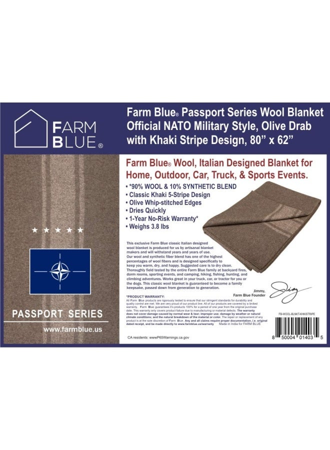 Farm Blue بطانية صوف زرقاء من فارم بأسلوب عسكري - بطانيات تخييم سميكة وخفيفة الوزن كبطانيات للبقاء، للسيارة، للمشي 55% صوف 45% ألياف مدمجة (خطوط OD/كاكي 62" x 80" x 0.15") - Image 5