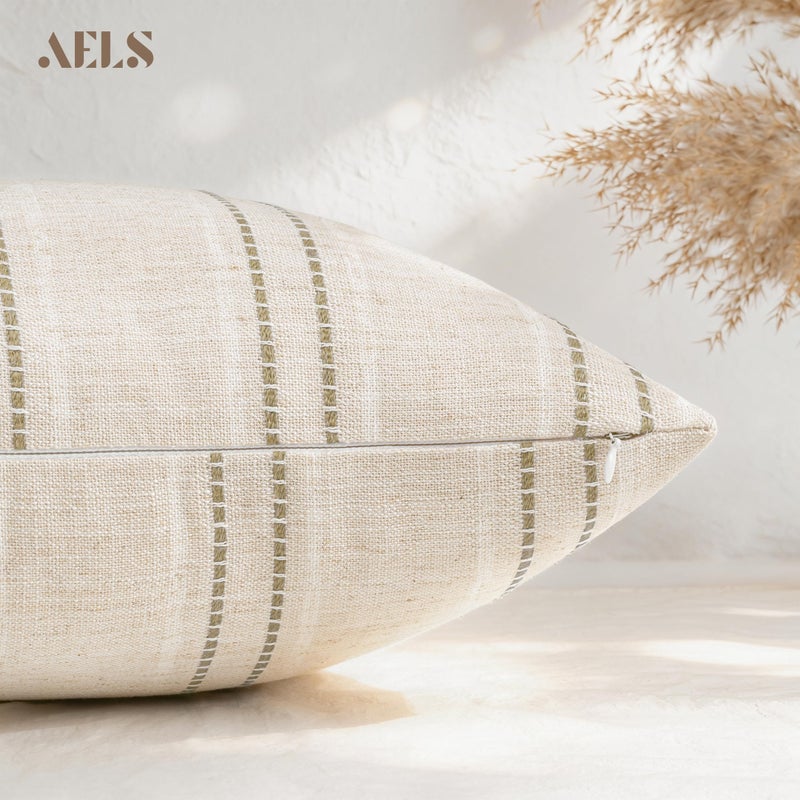 AELS أغطية وسائد مزخرفة من الكتان بحجم 22x22 إنش من AELS، غطاء وسادة بتصميم بوهيمي، مجموعة من 2، بيج مع خطوط بيضاء وبنية مصبوغة بالخيوط لغطاء وسادة للكنبة في غرفة المعيشة (غطاء فقط) - Image 4