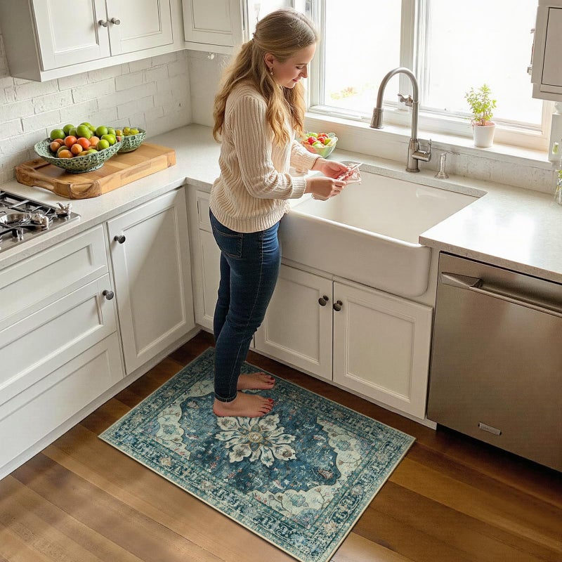 RELEANY Area Rugs 2'x3' Kitchen Rugs Entry Rug Small Rugs for Entryway Kitchen Bathroom Door Mat Indoor Entrance,Washable Non Slip, Dark Blue Vintage - Image 3