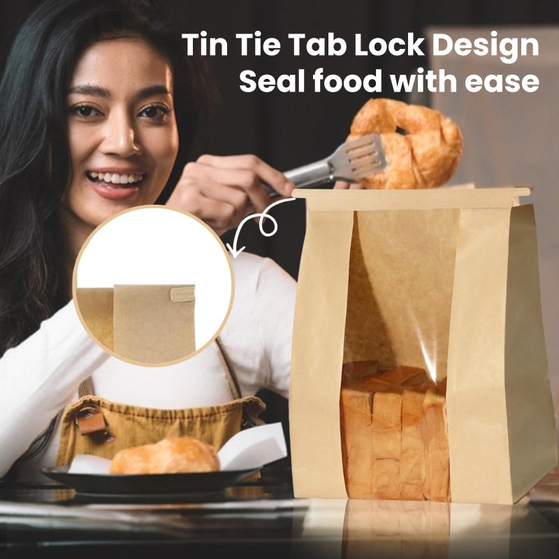 WIKDAY 100PCS Sourdough Bread Bags for Homemade Bread Tin Tie Tab Lock Paper Large Bakery Bags with Window for Baked Food Packaging Storage Gift Giving Includes 100PCS Label Seal Stickers 13.7x8.3x3.5in - Image 2