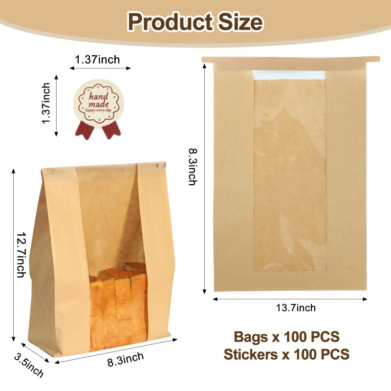 WIKDAY 100PCS Sourdough Bread Bags for Homemade Bread Tin Tie Tab Lock Paper Large Bakery Bags with Window for Baked Food Packaging Storage Gift Giving Includes 100PCS Label Seal Stickers 13.7x8.3x3.5in - Image 3