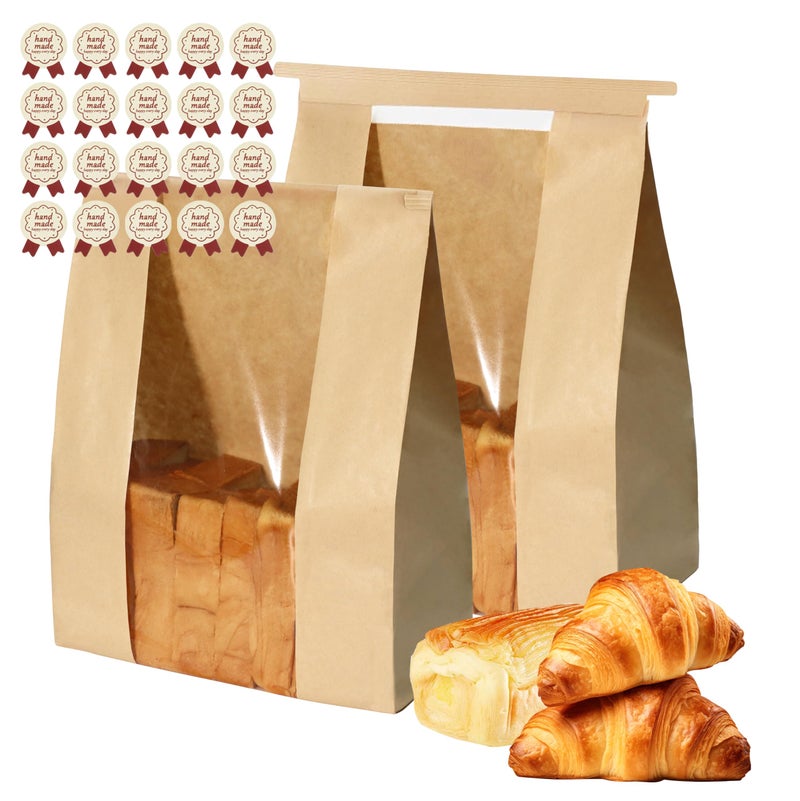 WIKDAY 100PCS Sourdough Bread Bags for Homemade Bread Tin Tie Tab Lock Paper Large Bakery Bags with Window for Baked Food Packaging Storage Gift Giving Includes 100PCS Label Seal Stickers 13.7x8.3x3.5in - Image 1