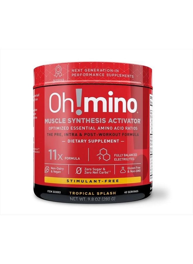 Oh!mino مسحوق ما قبل التمرين خالي من السكر والمنبهات، مزيج طاقة الأحماض الأمينية، مشروب استعادة الطاقة أثناء أو بعد التمرين، منشط تخليق العضلات، نكهة استوائية، 280 جرام، 40 حصة - أوه! للتغذية - Image 1