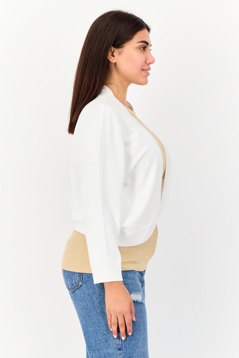 Isaac Mizrahi Women Split Neck Textured Cardigan, Ivory - Image 3