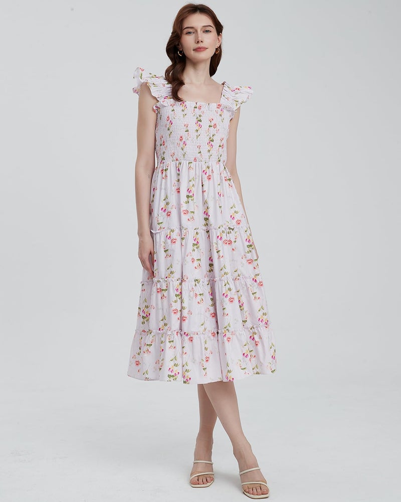 YEXPINE Women's Floral Smocked Midi Dress Square Neck Ruffle Strap Sleeveless Flowy A-Line Long Beach Sundress Pink - Image 4