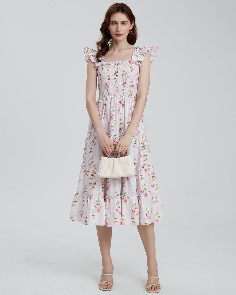 YEXPINE Women's Floral Smocked Midi Dress Square Neck Ruffle Strap Sleeveless Flowy A-Line Long Beach Sundress Pink - Image 3