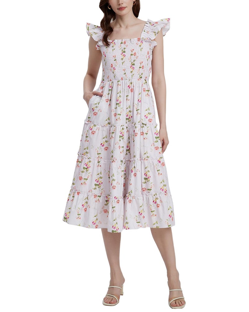 YEXPINE Women's Floral Smocked Midi Dress Square Neck Ruffle Strap Sleeveless Flowy A-Line Long Beach Sundress Pink - Image 1