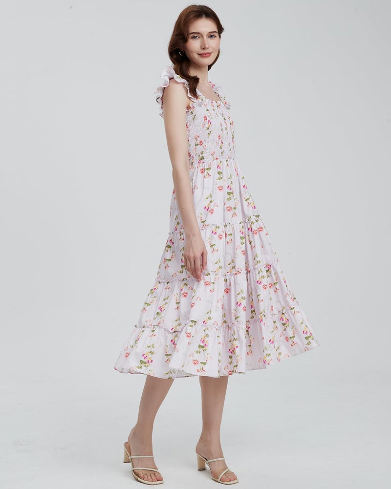 YEXPINE Women's Floral Smocked Midi Dress Square Neck Ruffle Strap Sleeveless Flowy A-Line Long Beach Sundress Pink - Image 5