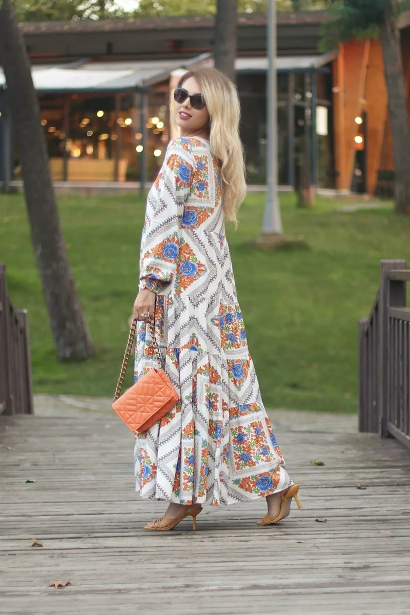 Ritnice Women's Piece Floral Pattern Ecru Long Dress