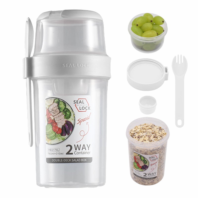 Daasigwaa Breakfast On The Go Cups, Salad Cup To Go, Take And Go Yogurt Cereal Overnight Oats Snack Parfait Containers & Salad Dressing Holder With Fork For Lunch, Fruit & Vegetable Jar(White,36.2oz) - Image 1