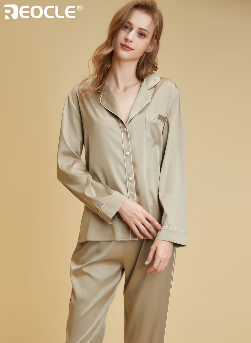 ريوكل طقم ملابس نسائية مريحة مع قميص بأكمام طويلة وبنطال تصميم خفيف الوزن للنوم مع راحة خارجية للارتداء غير الرسمي في المنزل - Image 1