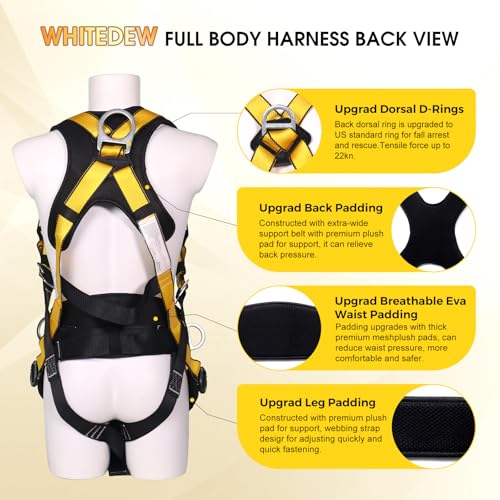 WHITEDEW Fall Protection Premium Safety Harness with Shock Absorbing Lanyard, Vented & Padded Shoulder, Legs & Back - Upgrade 4 Quick Buckles (Yellow) - Image 3