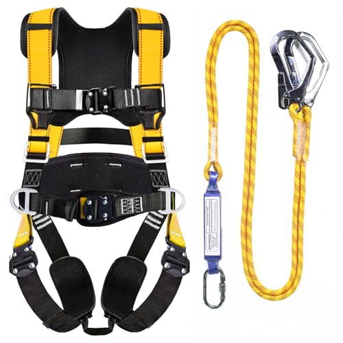 WHITEDEW Fall Protection Premium Safety Harness with Shock Absorbing Lanyard, Vented & Padded Shoulder, Legs & Back - Upgrade 4 Quick Buckles (Yellow) - Image 1