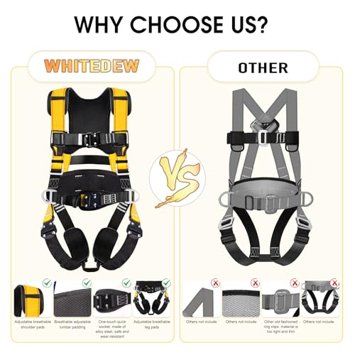 WHITEDEW Fall Protection Premium Safety Harness with Shock Absorbing Lanyard, Vented & Padded Shoulder, Legs & Back - Upgrade 4 Quick Buckles (Yellow) - Image 4