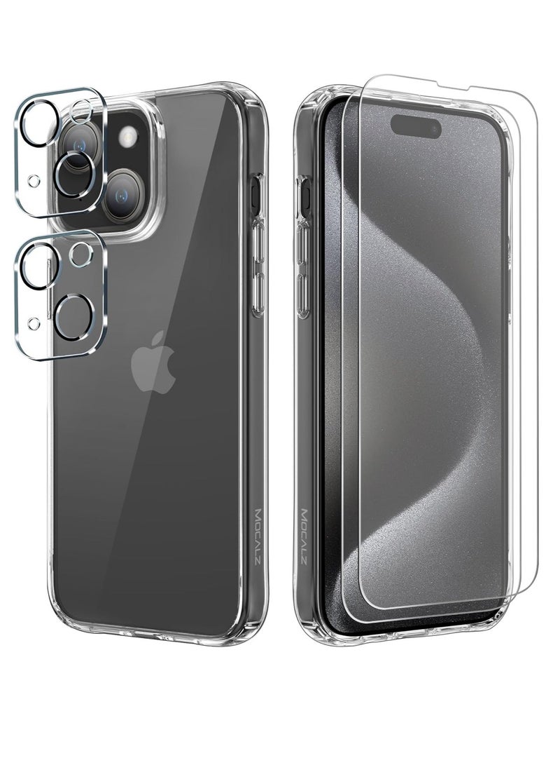 MUNTAQI iPhone 15 Plus Clear Case – Non-Yellowing, Military Grade Protection, Includes 2X Tempered Glass Screen Protectors & 2X Camera Lens Protectors, Shockproof with Air-Guard Corners - Image 1