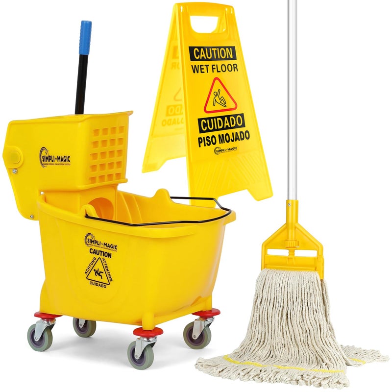Simpli-Magic Side Press Wringer Combo Commercial Mop Bucket on Wheels, 35 Quart,Yellow, Including Wet Floor Caution Sign and Set, Polyethylene - Image 1