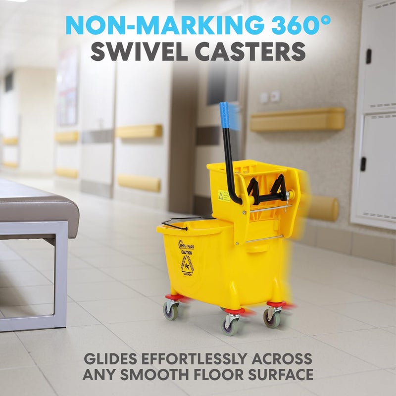 Simpli-Magic Side Press Wringer Combo Commercial Mop Bucket on Wheels, 35 Quart,Yellow, Including Wet Floor Caution Sign and Set, Polyethylene - Image 4