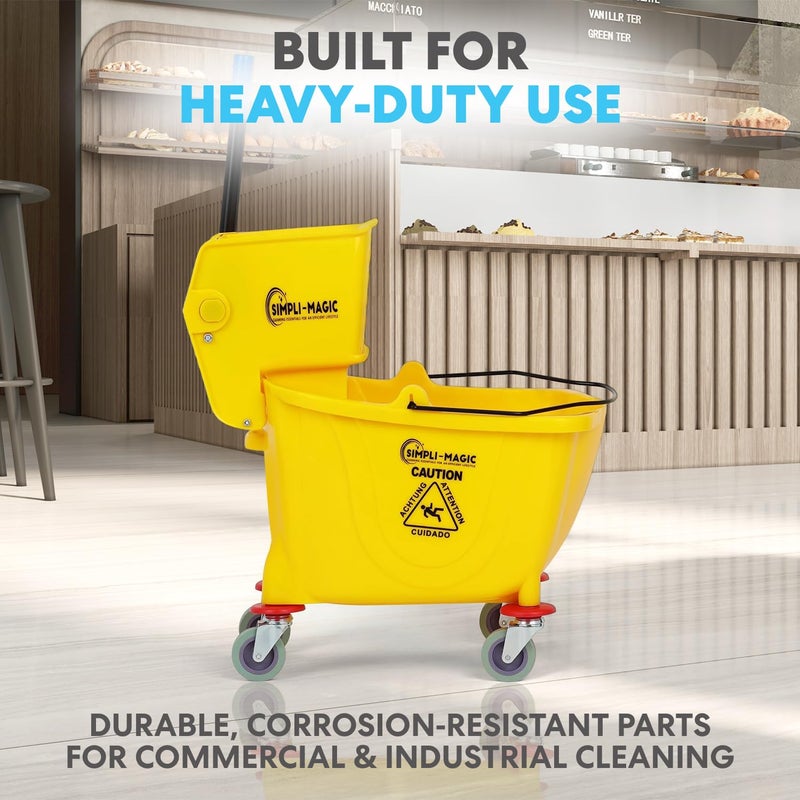 Simpli-Magic Side Press Wringer Combo Commercial Mop Bucket on Wheels, 35 Quart,Yellow, Including Wet Floor Caution Sign and Set, Polyethylene - Image 2